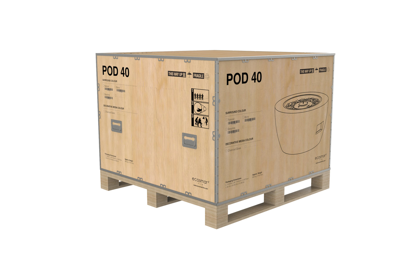 Wooden shipping crate labeled 'POD 40' on a white background