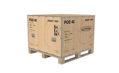 Wooden shipping crate labeled 'POD 40' on a white background