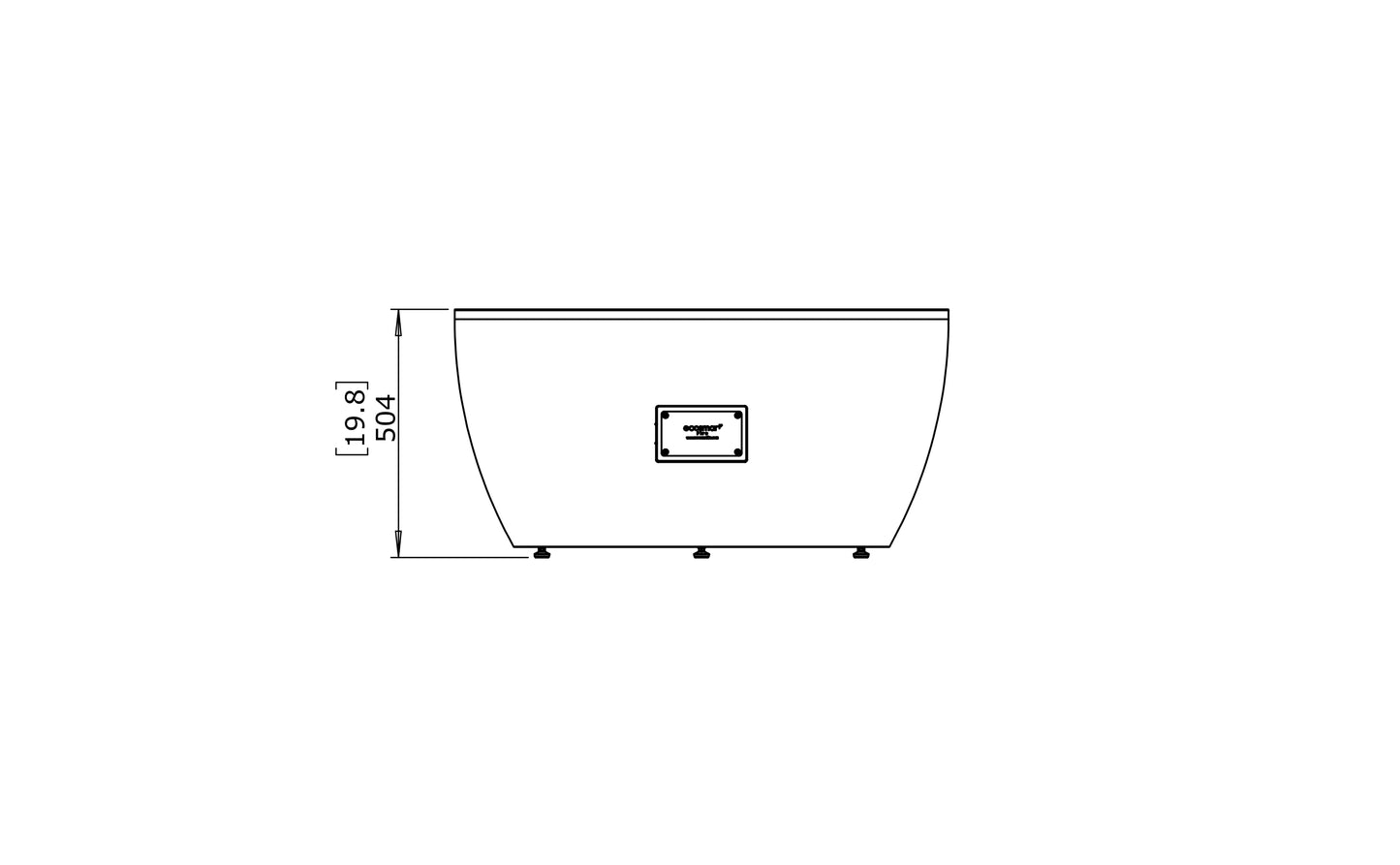 Technical drawing of a bathtub with dimensions on a white background