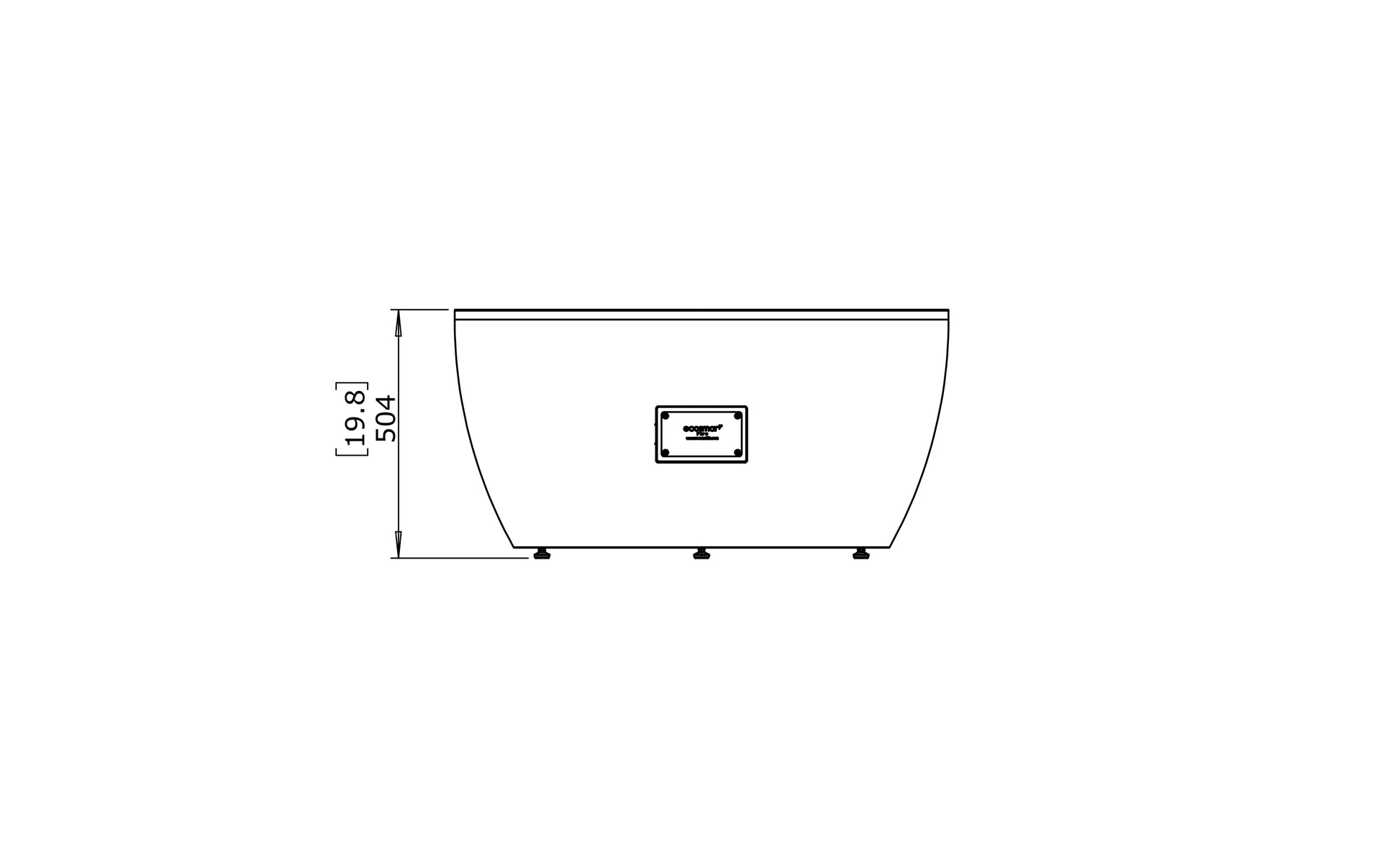 Technical drawing of a bathtub with dimensions on a white background