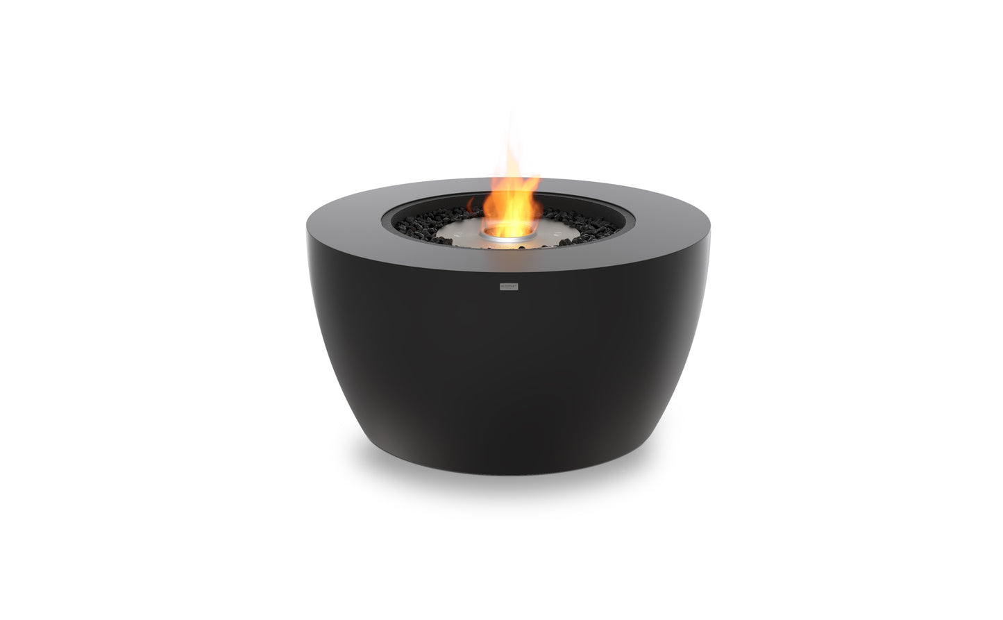 Black fire pit with flames on a white background