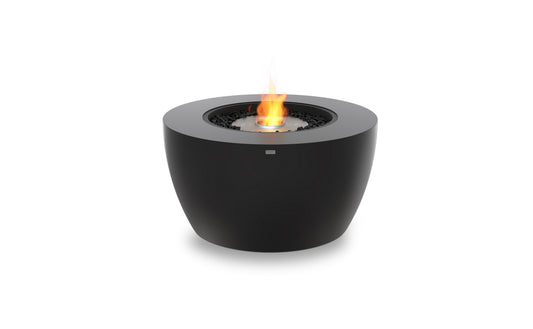 Black fire pit with flames on a white background