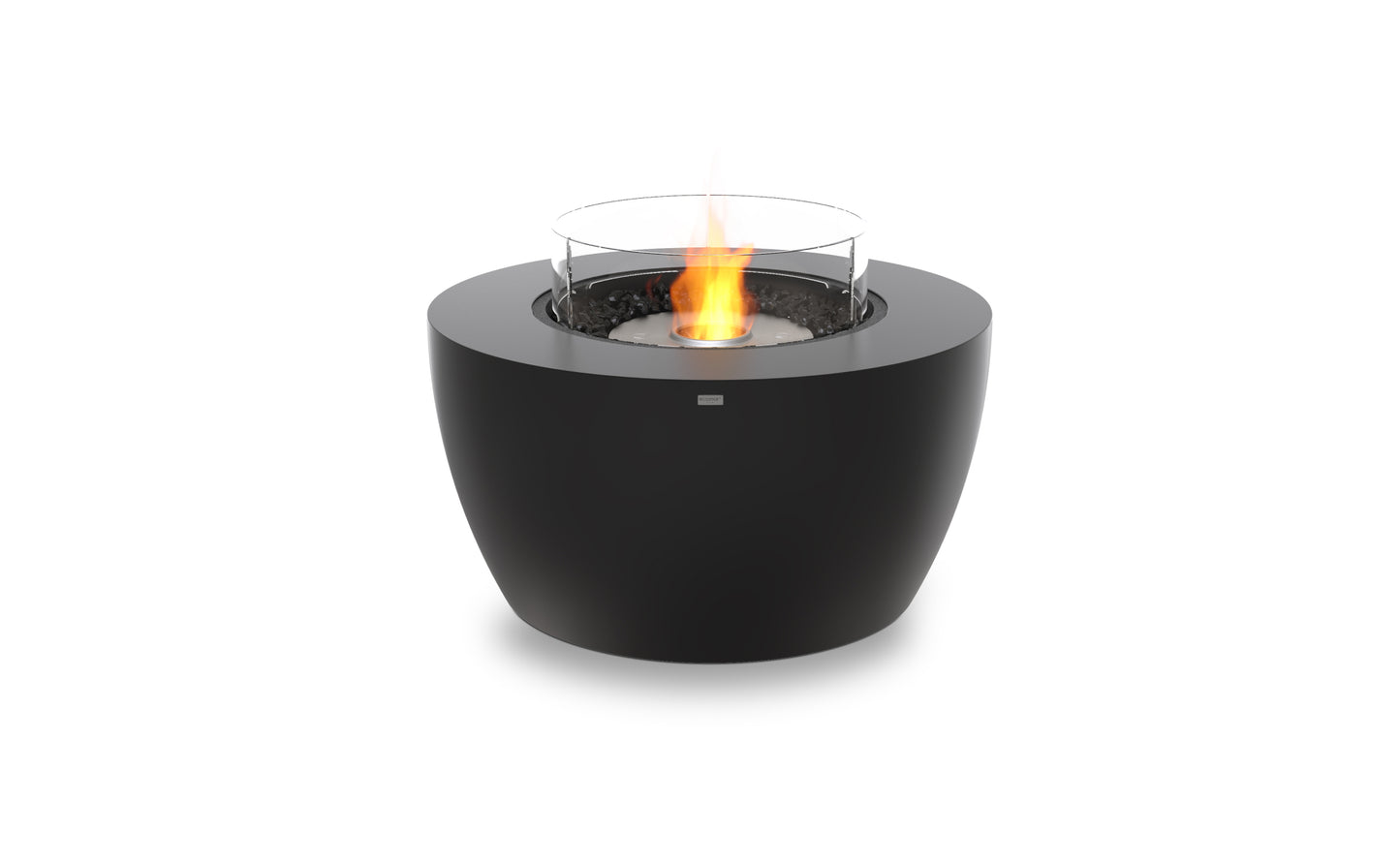 Black fire pit with flames on a white background