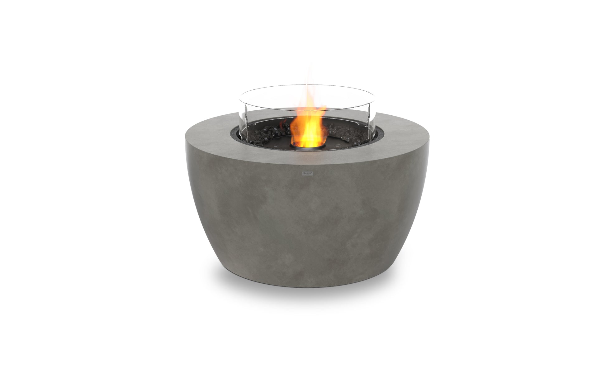 Concrete fire pit with flames on a white background