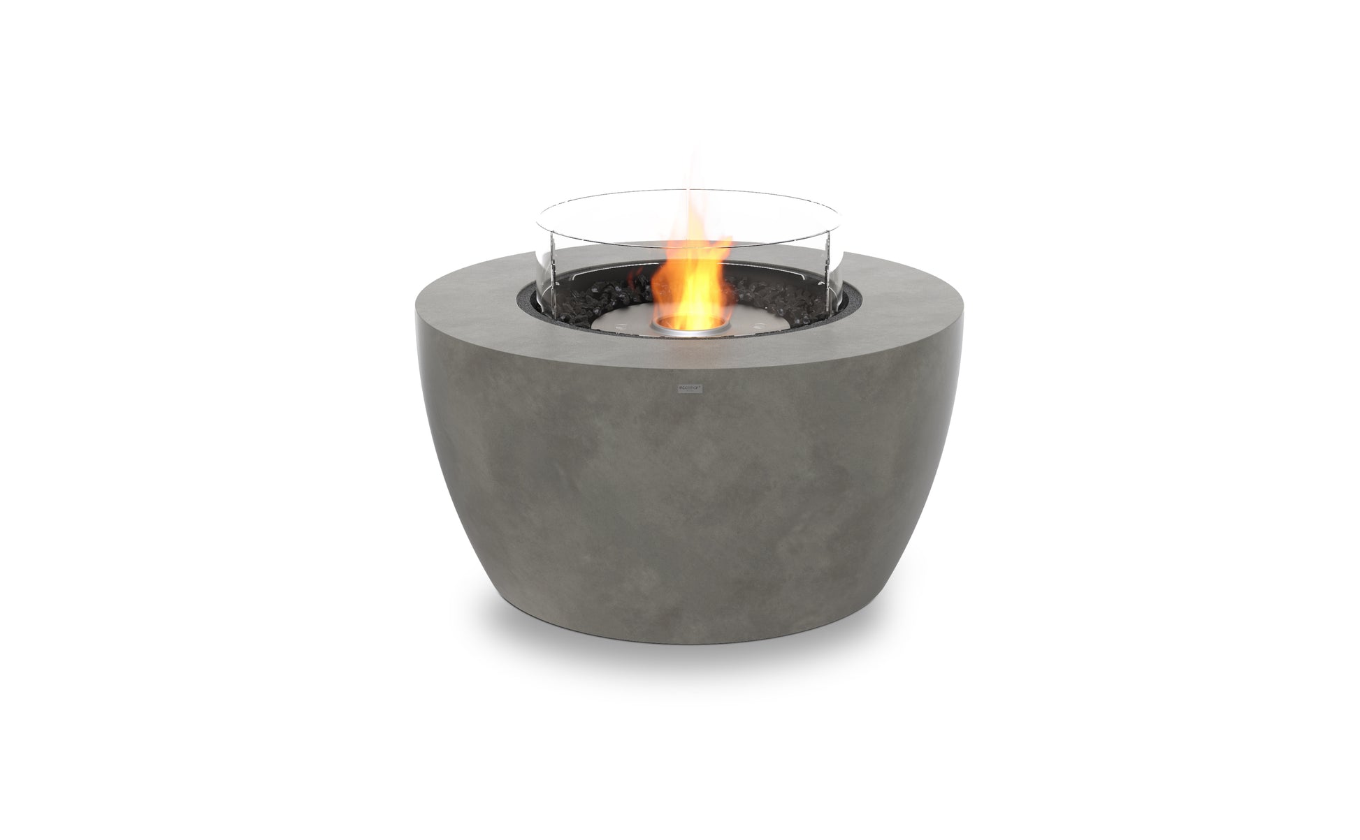 Concrete fire pit with flames on a white background