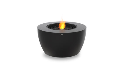 Black fire pit with flames on a white background