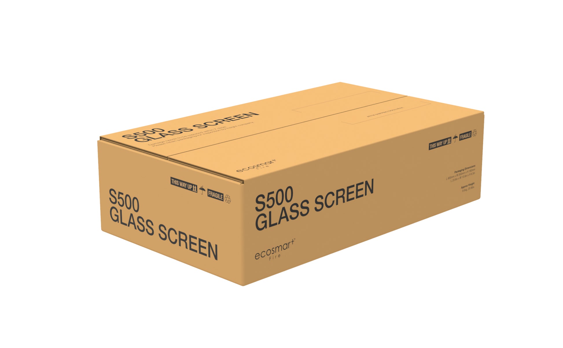 Cardboard box labeled 'S500 Glass Screen' on a white background