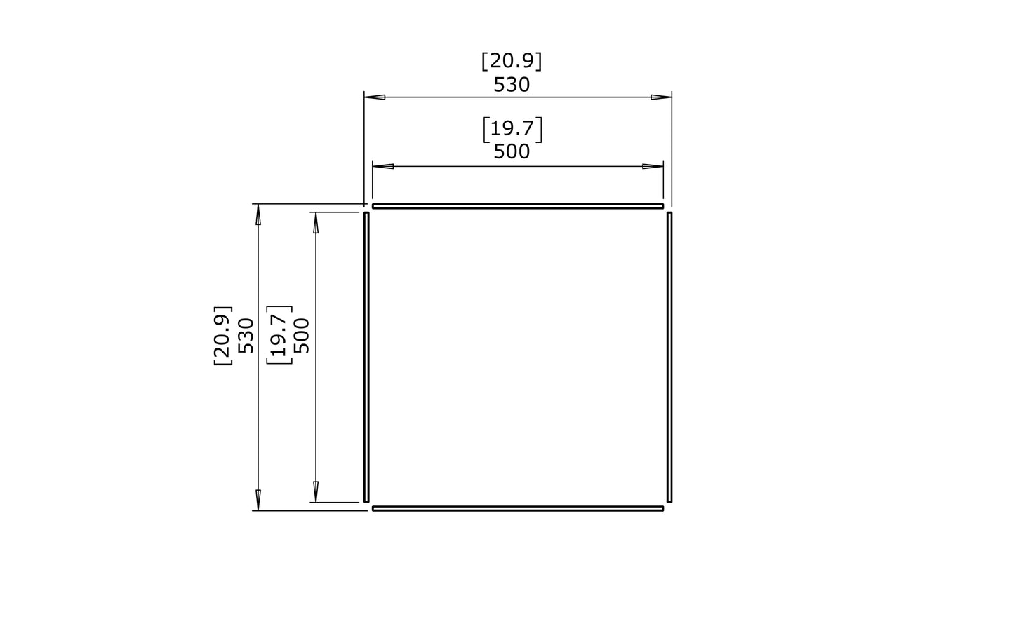 Technical drawing of a rectangular object with dimensions