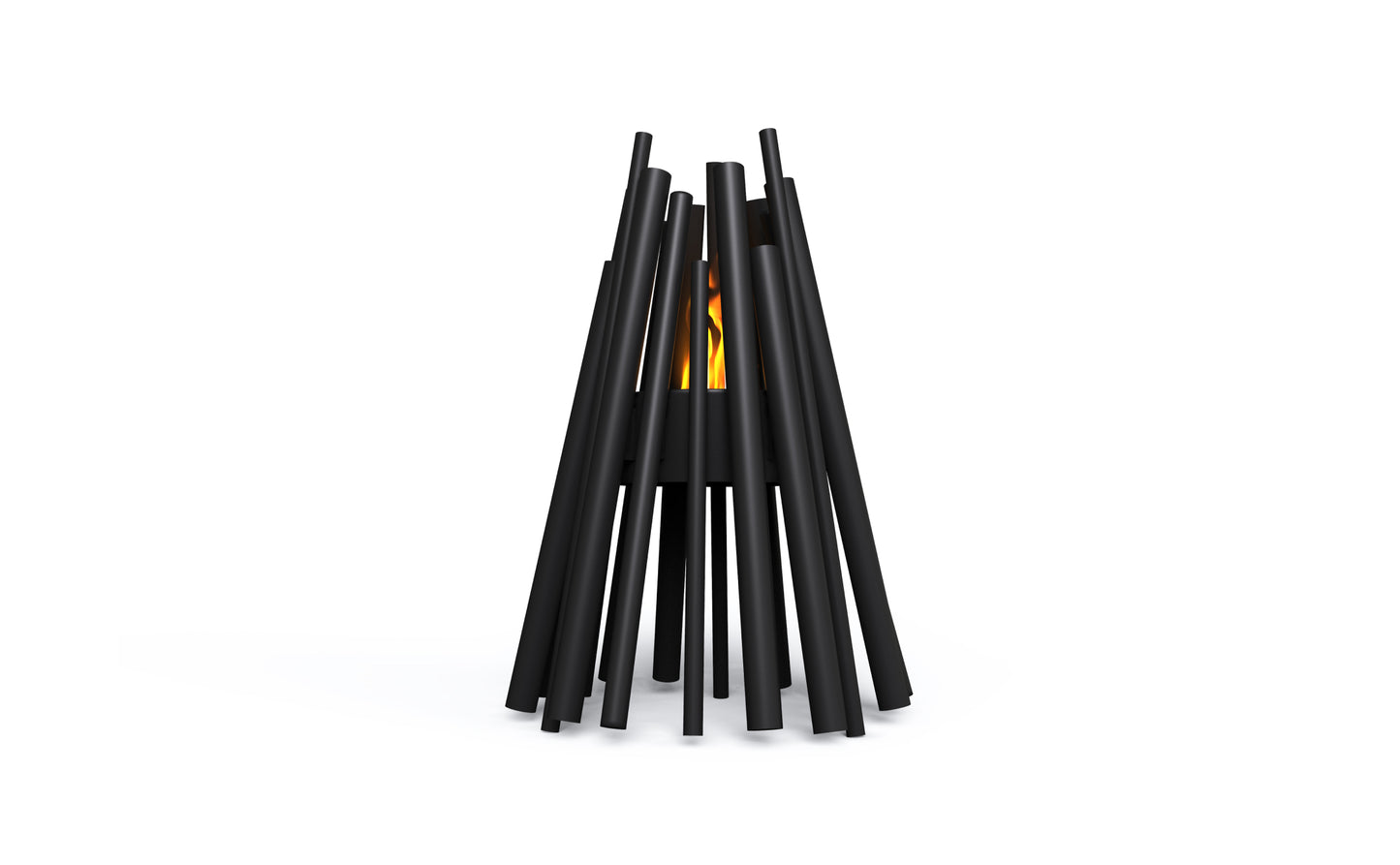 Modern black metal fire pit on a white background
