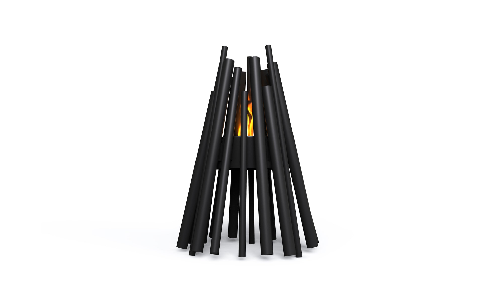 Modern black metal fire pit on a white background