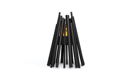 Modern black metal fire pit on a white background