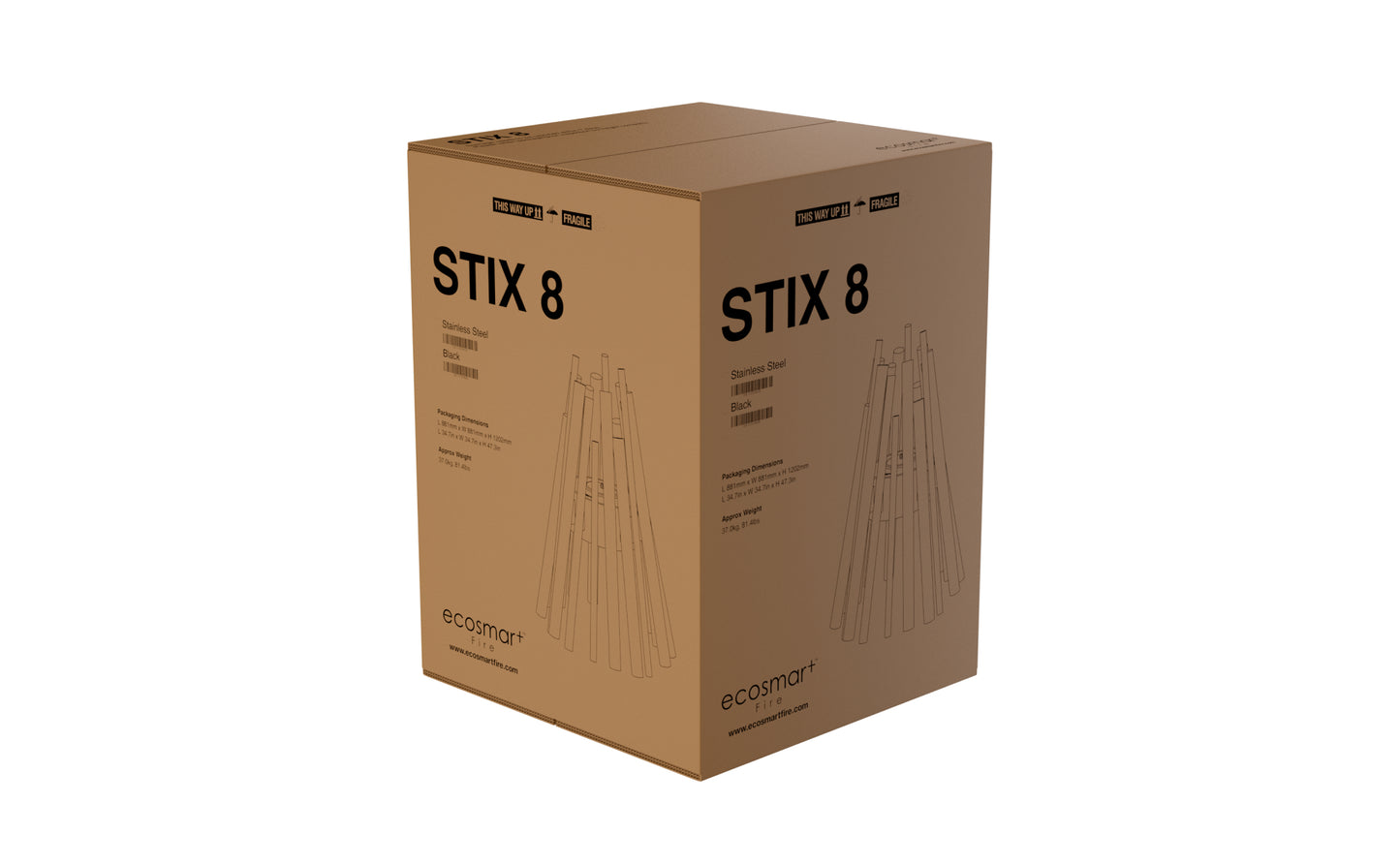 Cardboard box with 'STIX 8' branding on a white background