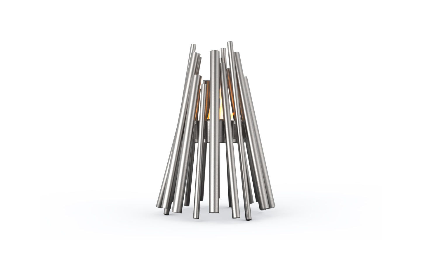Modern outdoor fire pit with metal rods on a white background