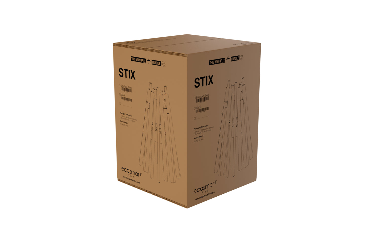 Cardboard box with 'STIX' branding on a white background
