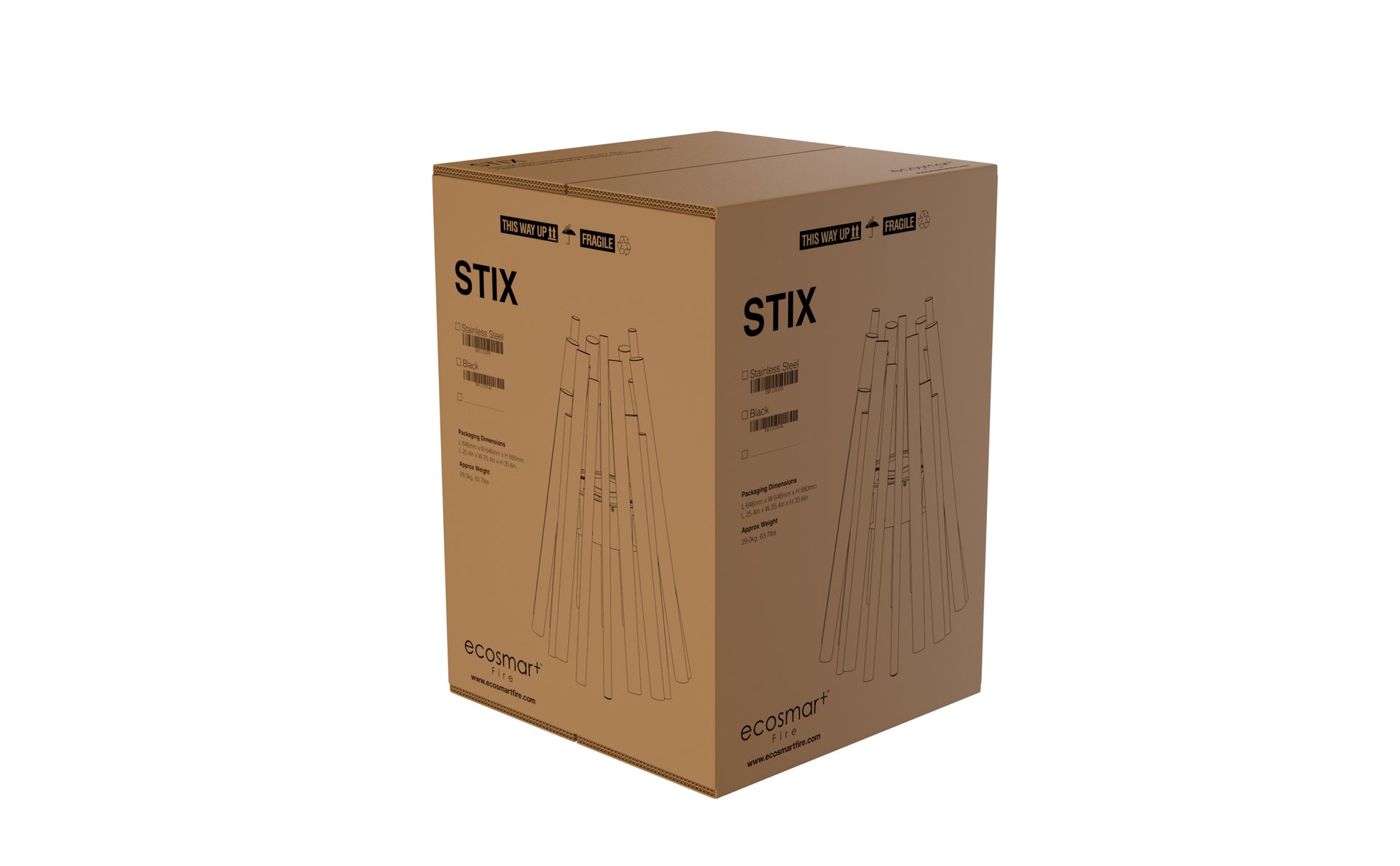 Cardboard box with 'STIX' branding on a white background