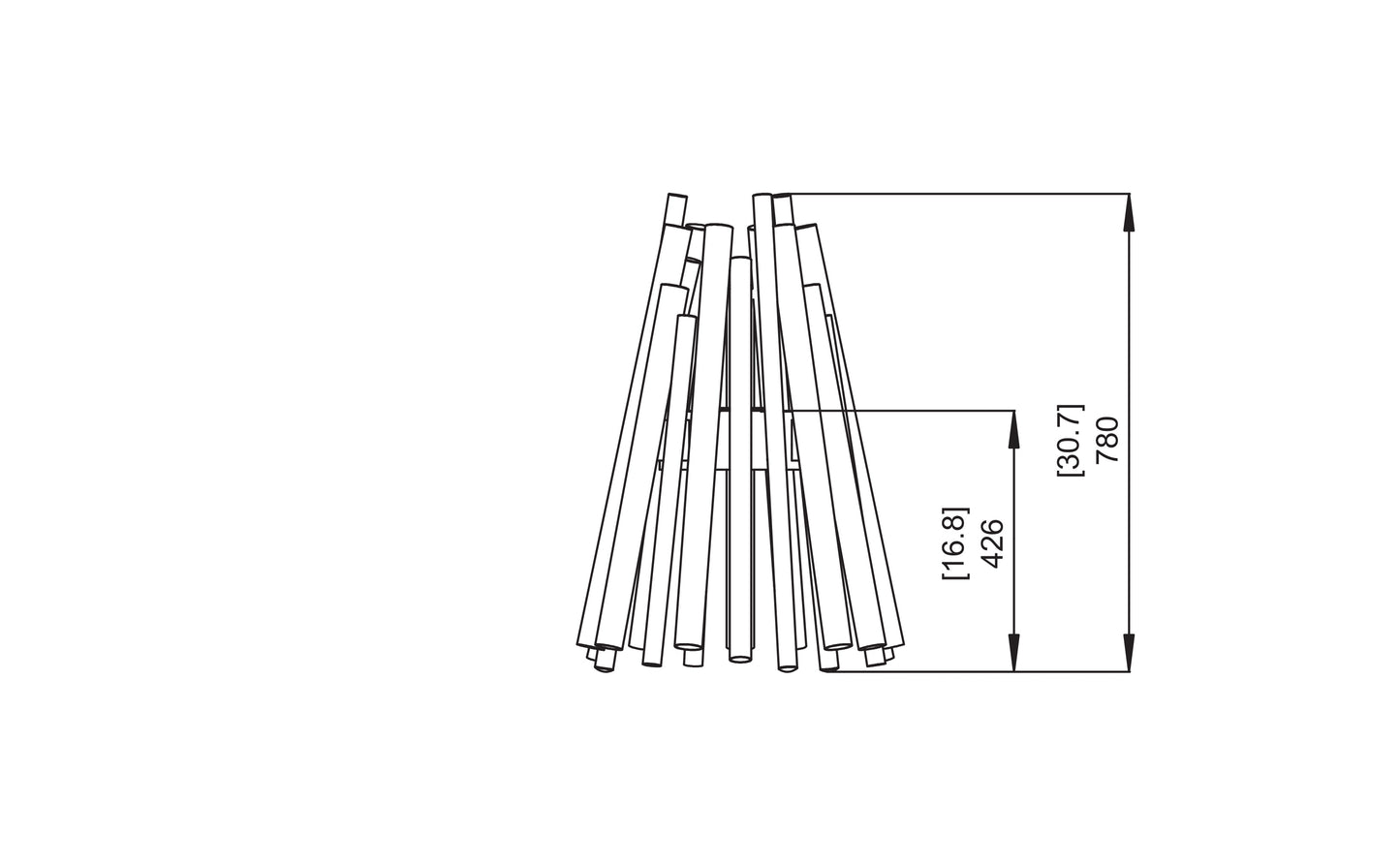 Technical drawing of a stack of wooden planks with dimensions on a white background