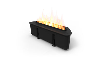 Black rectangular fire pit with flames on a white background
