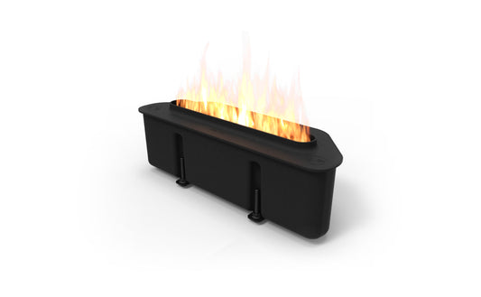 Black rectangular fire pit with flames on a white background