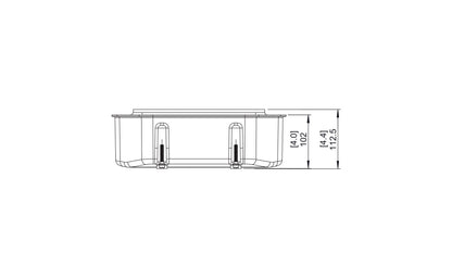 Technical drawing of a rectangular object with dimensions on a white background