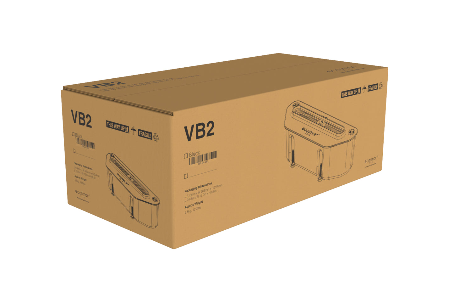 Cardboard box with 'VB2' branding on a white background