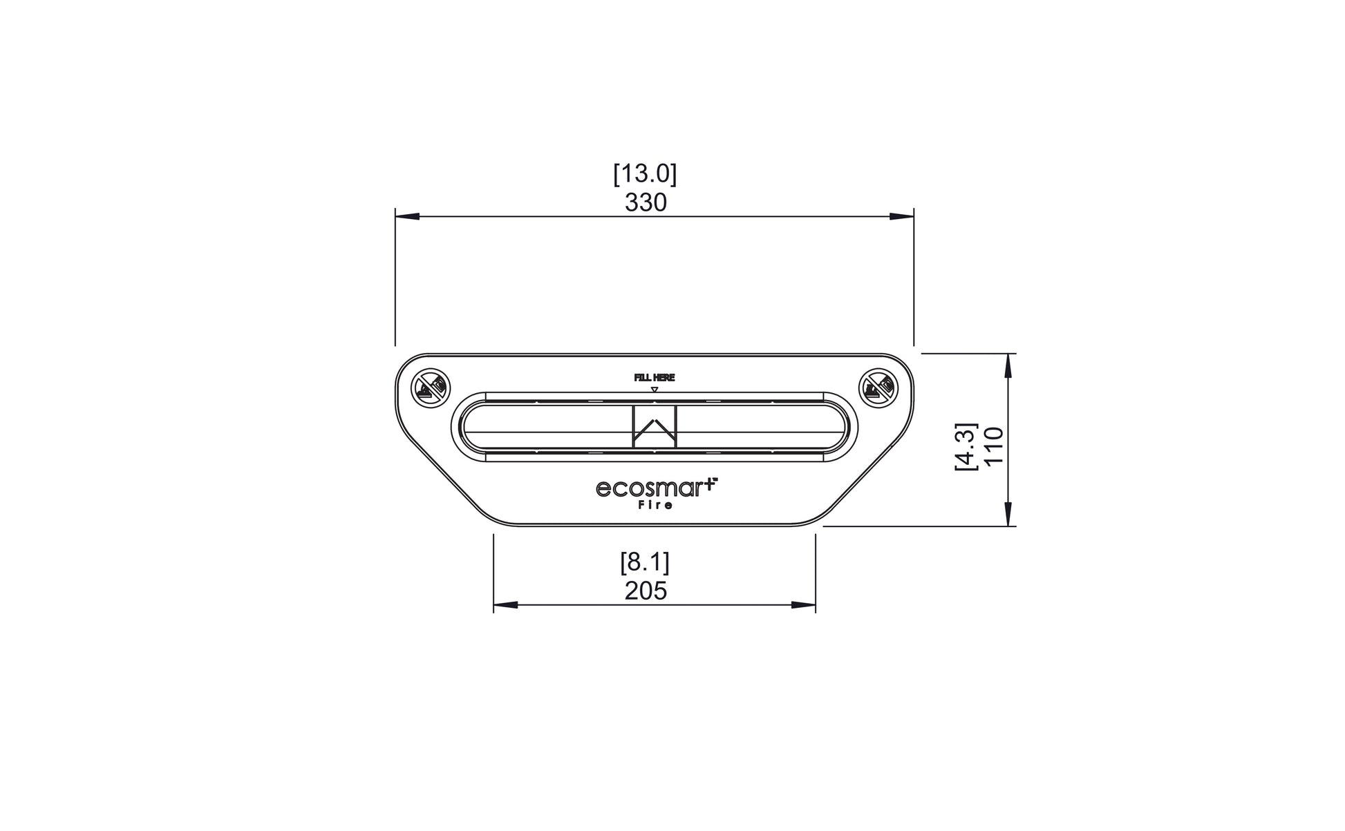 Technical drawing of a metal fire place with dimensions on a white background