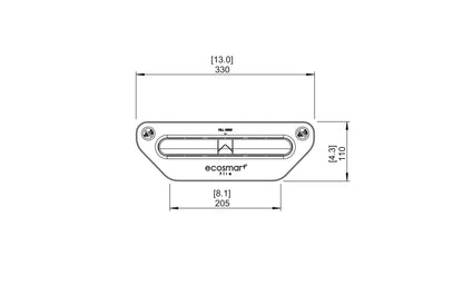 Technical drawing of a metal fire place with dimensions on a white background