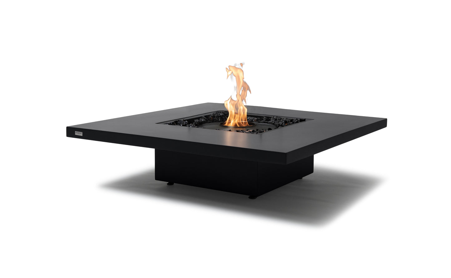 Black fire pit table with flames on a white background