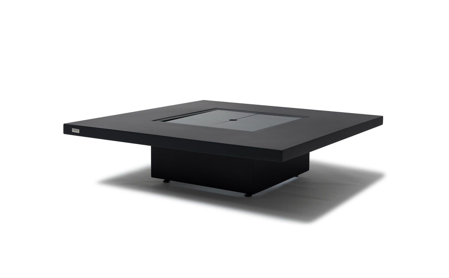Black square fire pit table on a white background