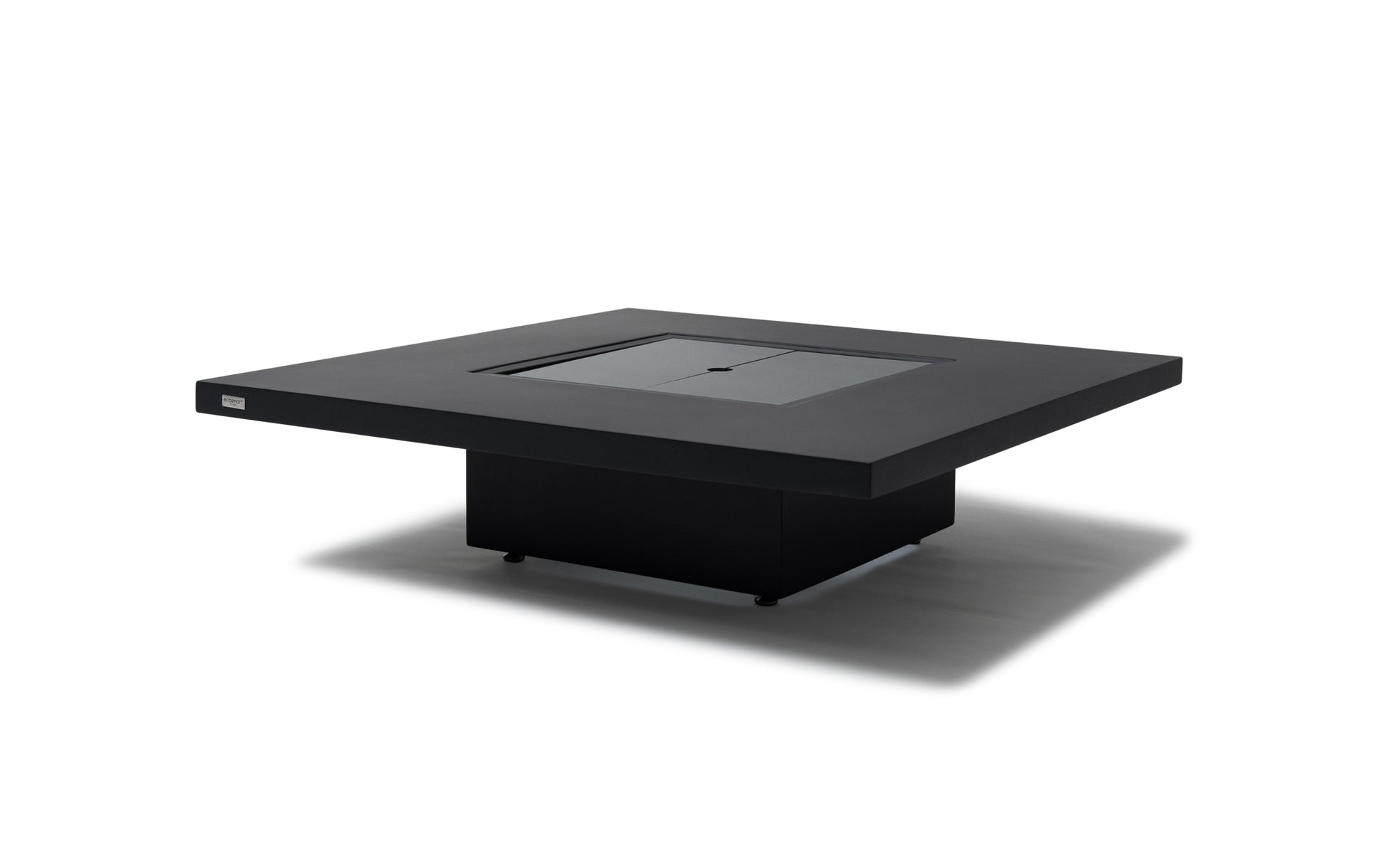 Black square fire pit table on a white background