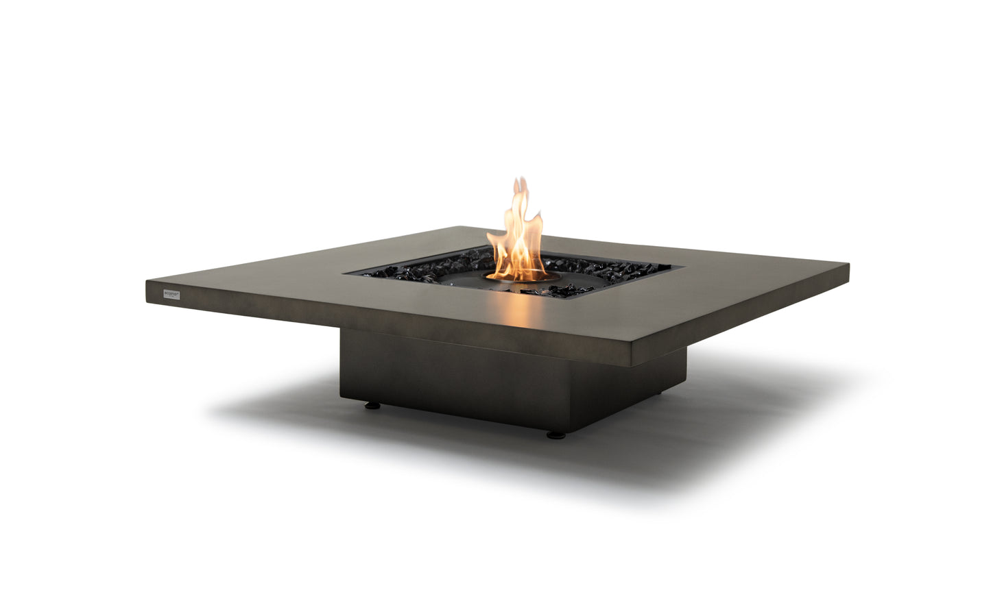 Square fire pit table with flames on a white background