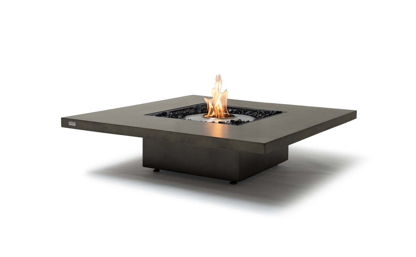 Square fire pit table with flames on a white background