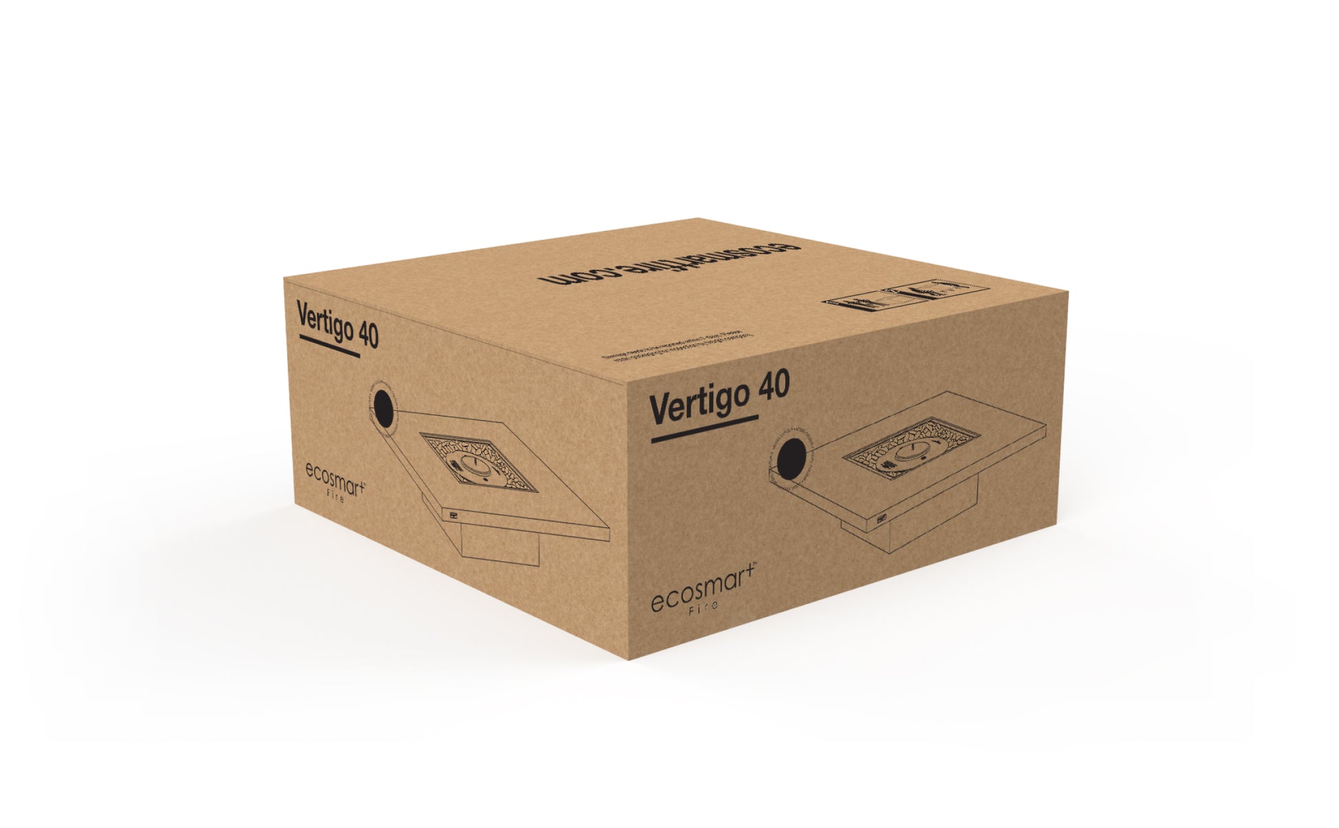 Cardboard box with 'Vertigo 40' and 'ecotank' branding on a white background