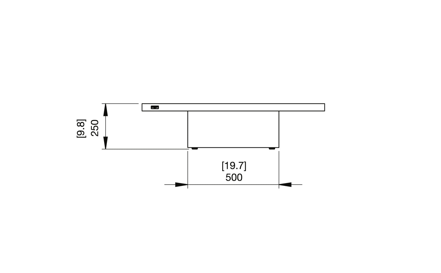Technical drawing of a rectangular object with dimensions labeled