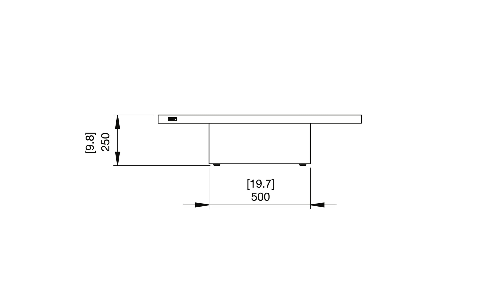Technical drawing of a rectangular object with dimensions labeled