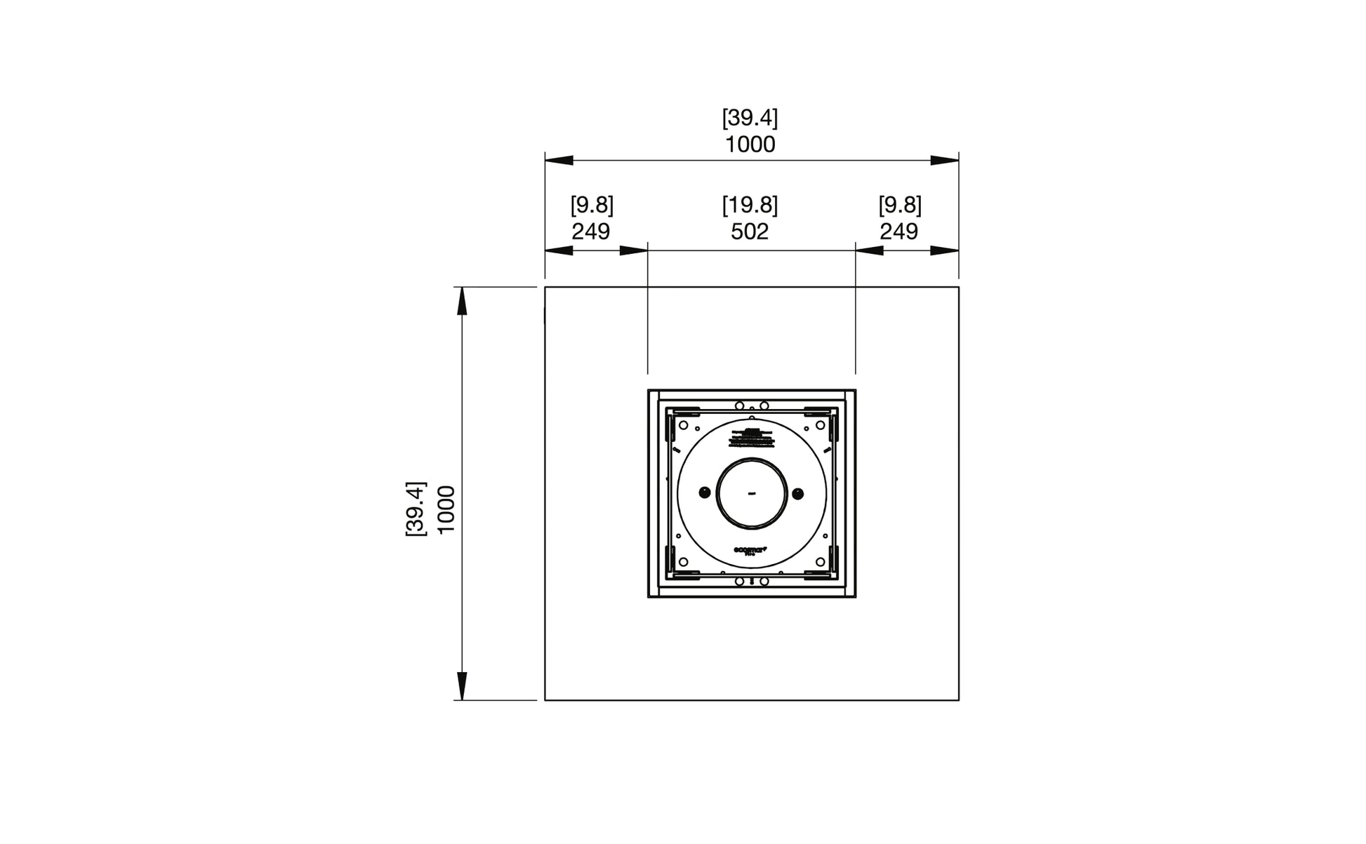 Technical drawing of a square component with dimensions