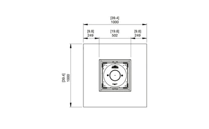 Technical drawing of a square component with dimensions