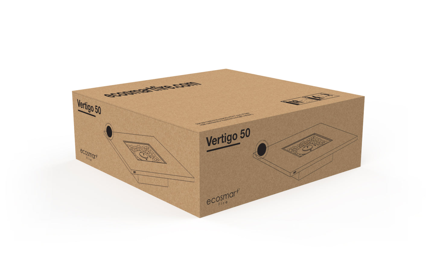 Cardboard box with 'Vertigo 50' branding on a white background