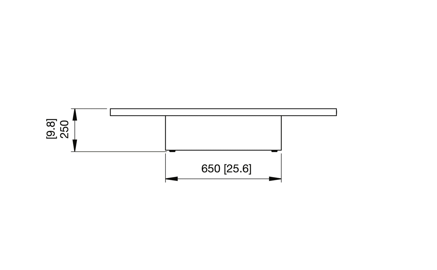 Technical drawing of a rectangular object with dimensions labeled