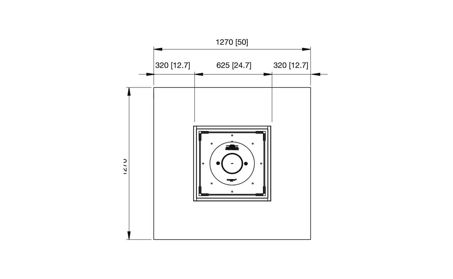 Technical drawing of a square object with dimensions on a white background