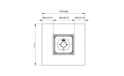 Technical drawing of a square object with dimensions on a white background