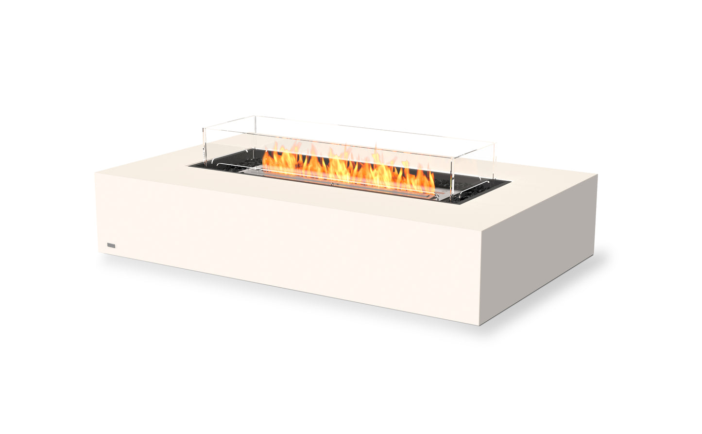 Modern outdoor fire pit table with flames on a white background