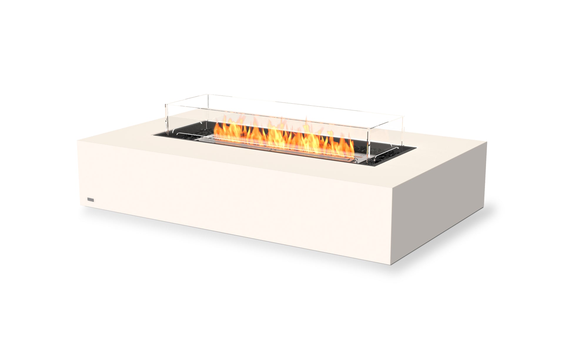 Modern outdoor fire pit table with flames on a white background