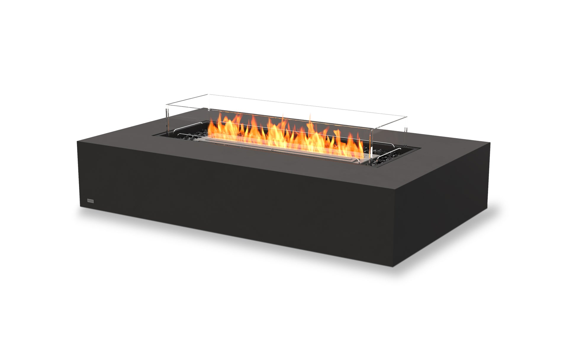 Modern black fire pit table with flames on a white background