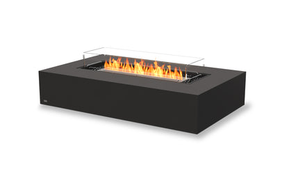 Modern black fire pit table with flames on a white background