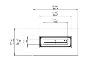 Technical drawing of a rectangular object with dimensions labeled