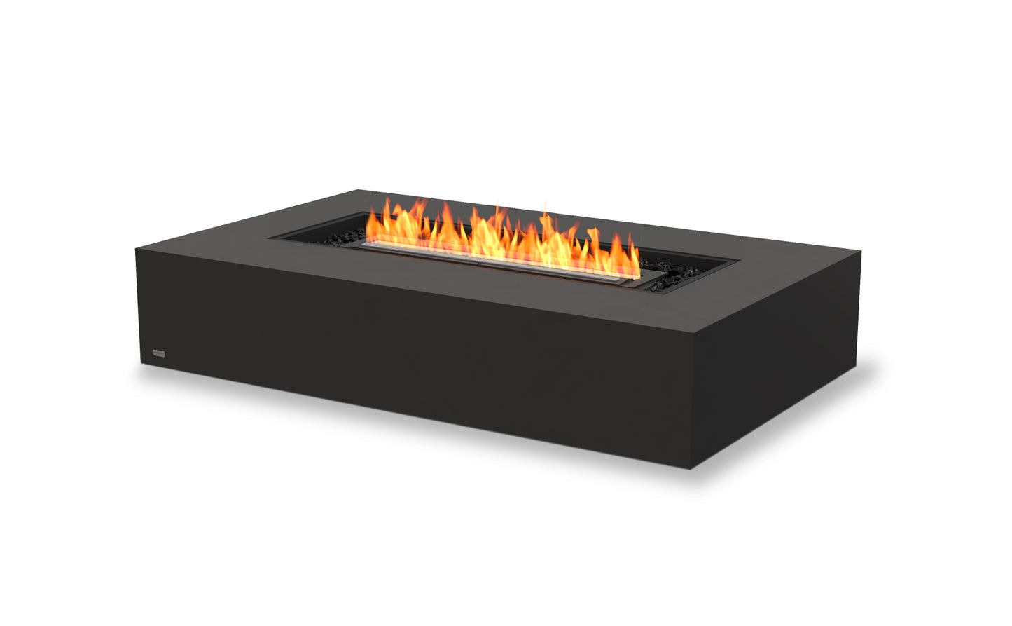 Black fire pit table with flames on a white background