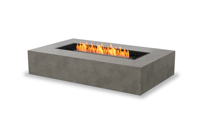 Rectangular concrete fire pit with flames on a white background