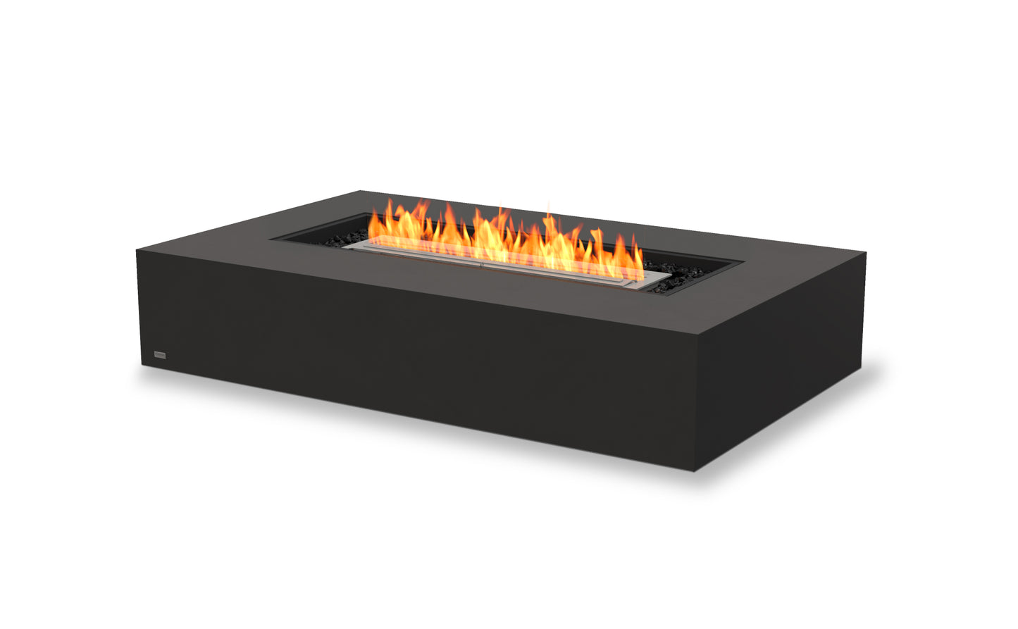 Black fire pit table with flames on a white background