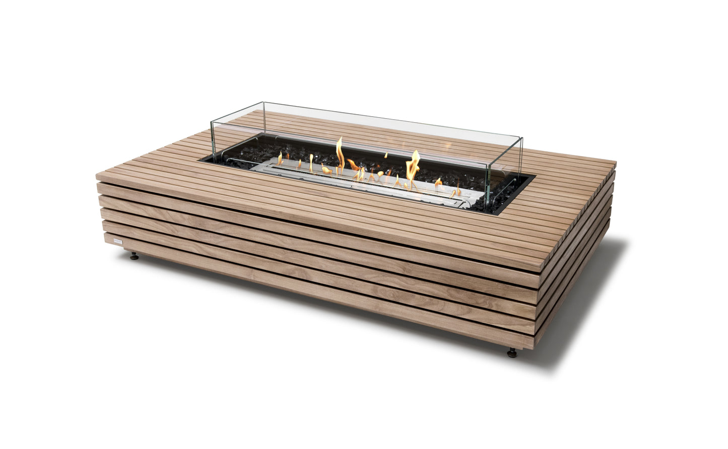 Wooden fire pit table with glass cover on a white background