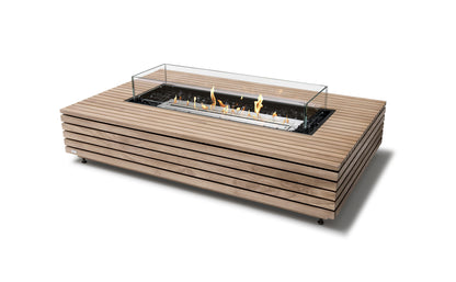 Wooden fire pit table with glass cover on a white background
